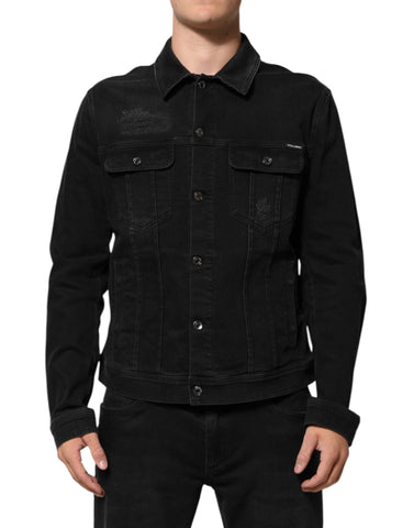 Black Cotton Denim Stretch Button Up Jacket