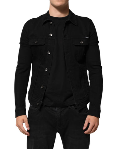 Black Cotton Denim Stretch Button Up Jacket