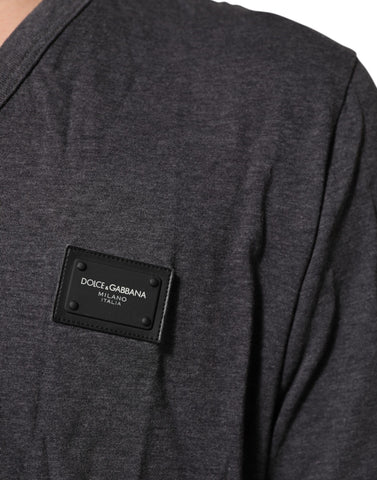 Grey Cotton V-Neck Logo Plaque Melange T-Shirt