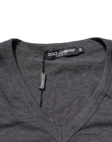 Grey Cotton V-Neck Logo Plaque Melange T-Shirt