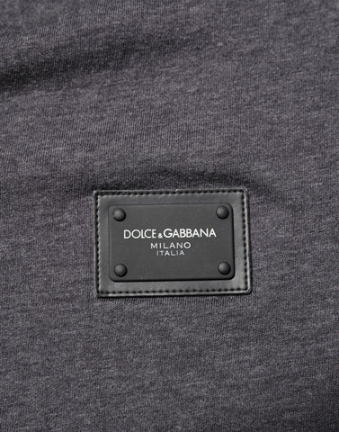 Grey Cotton V-Neck Logo Plaque Melange T-Shirt