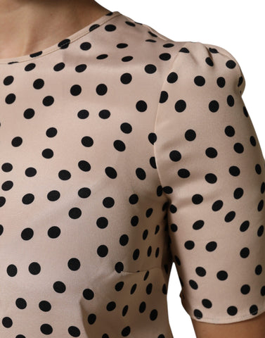 Beige Black Polka Dot Silk Short Sleeve Blouse Top