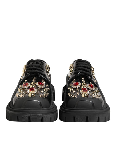 Black Leather Jeweled Crystals Derby Shoes