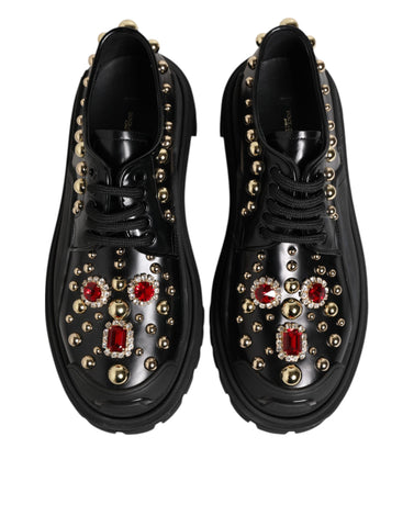 Black Leather Jeweled Crystals Derby Shoes