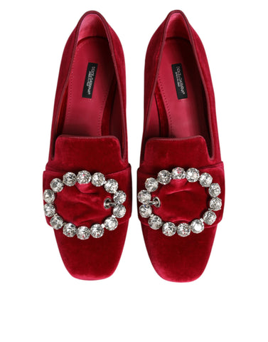 Red Velvet Crystal Buckle Loafers Flats Shoes