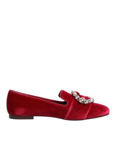 Red Velvet Crystal Buckle Loafers Flats Shoes