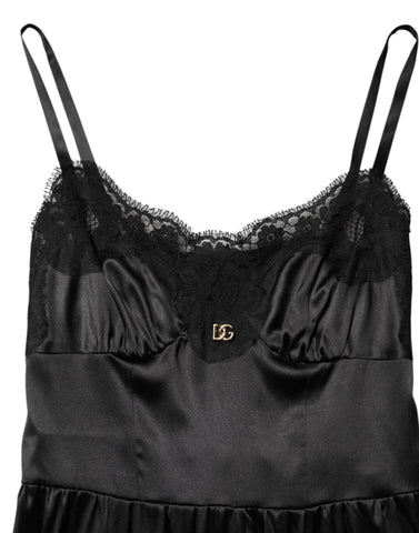 Black Silk Blend Lace Trim Sleeveless Mini Dress