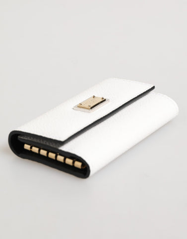 White Leather Card Case Holder Wallet Gold Logo Plate  Key Holder