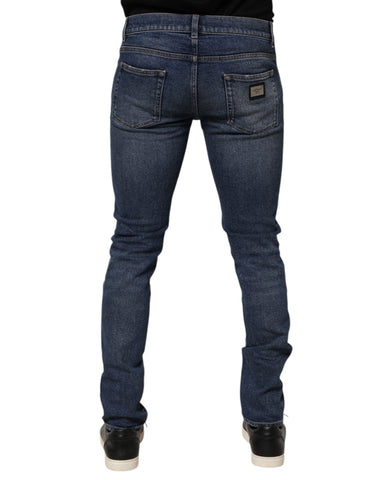 Blue Cotton Logo Plaque Skinny Men Denim Jeans
