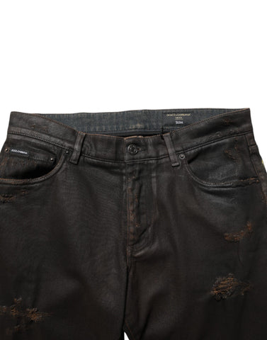 Dark Brown Tattered Cotton Skinny Denim Jeans