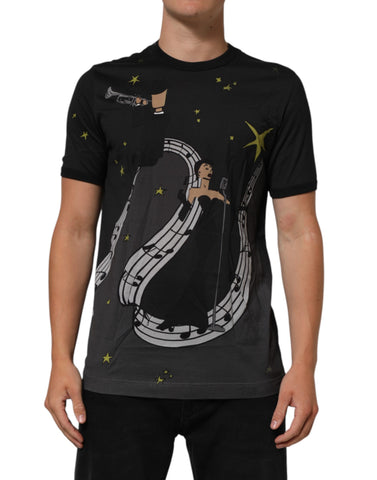 Black Musical Print Cotton Crew Neck T-shirt