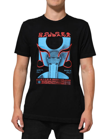 Black Musical Print Cotton Crew Neck T-shirt