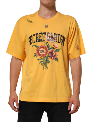Żółty T-shirt Secret Graden Floral z bawełny z okrągłym dekoltem