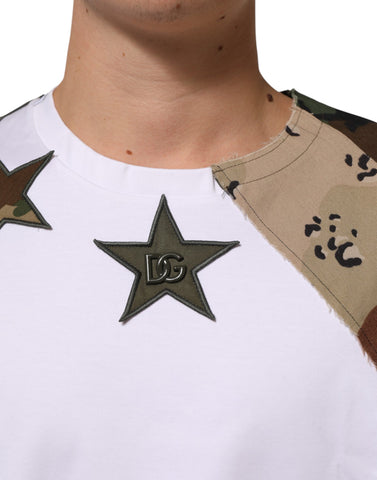 Biała bawełniana koszulka męska w kamuflażu Patckwork