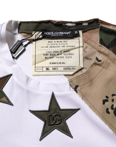 Biała bawełniana koszulka męska w kamuflażu Patckwork