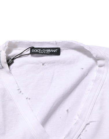 White Distressed Cotton V Neck Men T-shirt