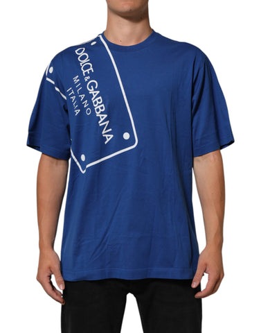 Blue Logo Print Cotton Crew Neck Men T-shirt