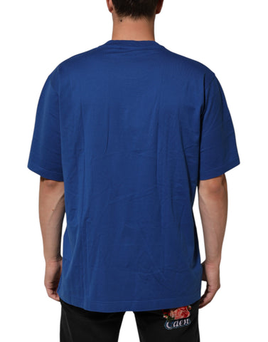 Blue Logo Print Cotton Crew Neck Men T-shirt