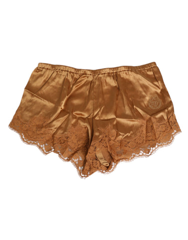 Brown Silk Satin Floral Lace Shorts Underwear