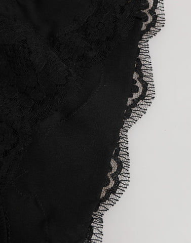Black Silk Satin Floral Lace Panty Brief Underwear