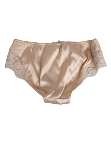 Beige Silk Satin Floral Lace Panty Brief Underwear