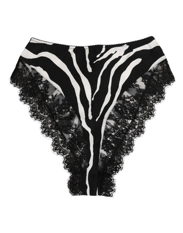 Black Silk Zebra Print Lace High Waist Underwear