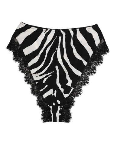 Black Silk Zebra Print Lace High Waist Underwear