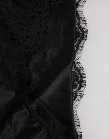 Black Silk Satin Floral Lace Panty Brief Underwear