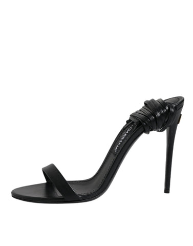 Black Leather Stiletto Heels Sandals Shoes
