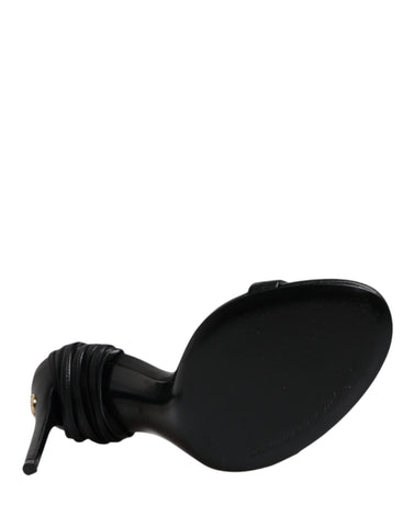 Black Leather Stiletto Heels Sandals Shoes