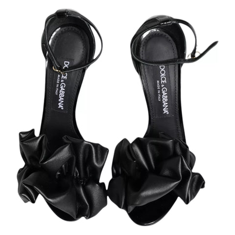 Black Leather Ankle Strap Heel Sandals Shoes