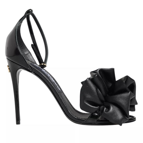 Black Leather Ankle Strap Heel Sandals Shoes