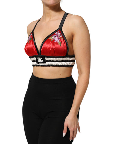 Red Satin Floral Embroidered Bralette Crop Top