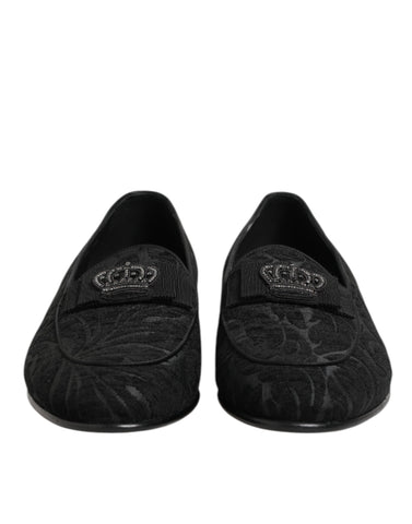 Black Brocade Crown Loafers Dress Shoes