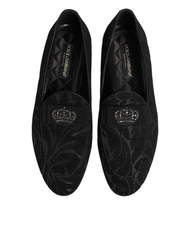 Black Brocade Crown Loafers Dress Shoes