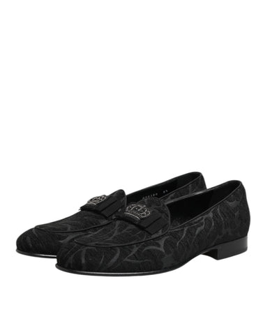 Black Brocade Crown Loafers Dress Shoes