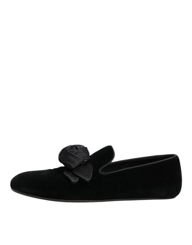 Black Suede Cotton Rose Slip On Loafers Shoes