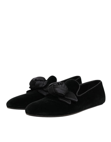 Black Suede Cotton Rose Slip On Loafers Shoes