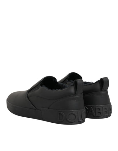 Black Leather Low Top Slip On Sneakers Shoes