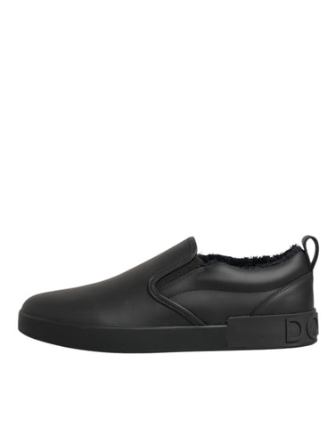 Black Leather Low Top Slip On Sneakers Shoes