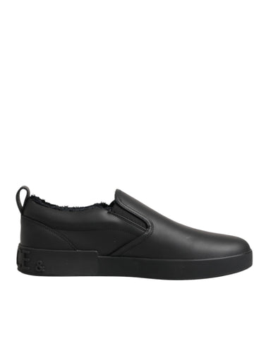 Black Leather Low Top Slip On Sneakers Shoes