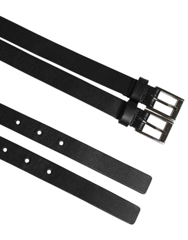 Black Double Strap Leather Silver Buckle Belt