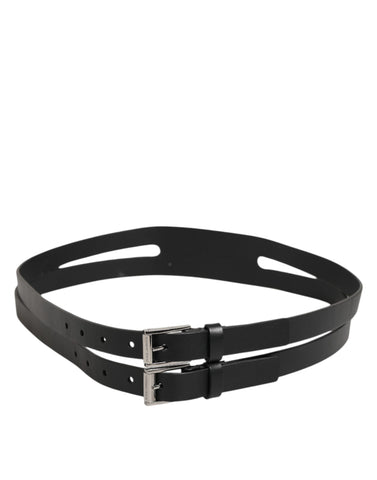 Black Double Strap Leather Silver Buckle Belt