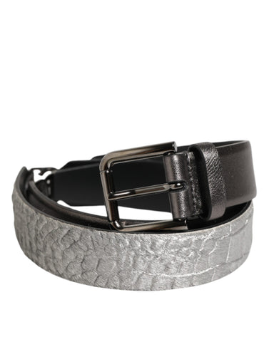 Black Silver Pebbled Texture Leather Buckle Men Belt
