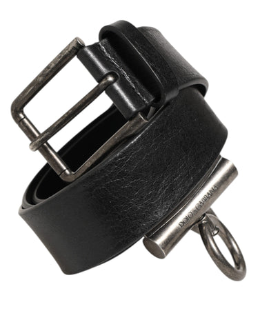 Black Leather Side Rings Brass Buckle Belt