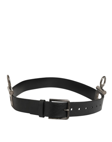 Black Leather Side Rings Brass Buckle Belt