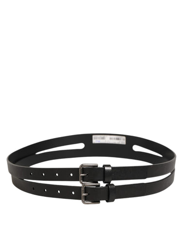 Black Double Strap Leather Silver Buckle Belt