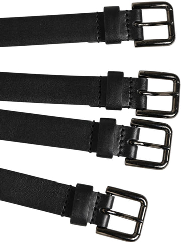 Black Leather 4-Strap Metal Multi-Buckle Belt
