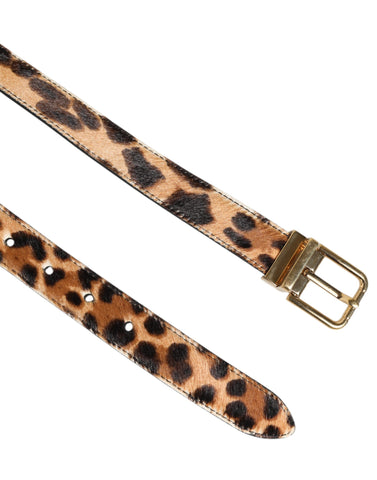 Brown Leather Leopard Print Metal Buckle Belt