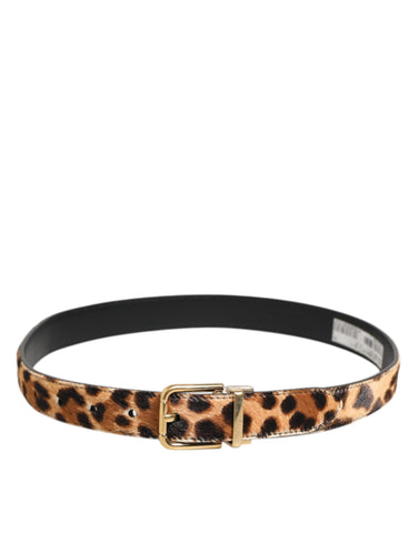 Brown Leather Leopard Print Metal Buckle Belt